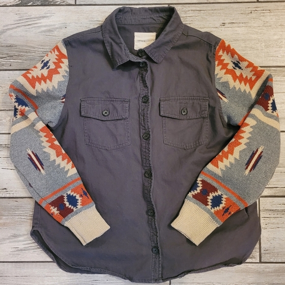 Thread & Supply greenish-brown shacket with Southwestern Aztec Sleeves Women's M - Picture 2 of 12